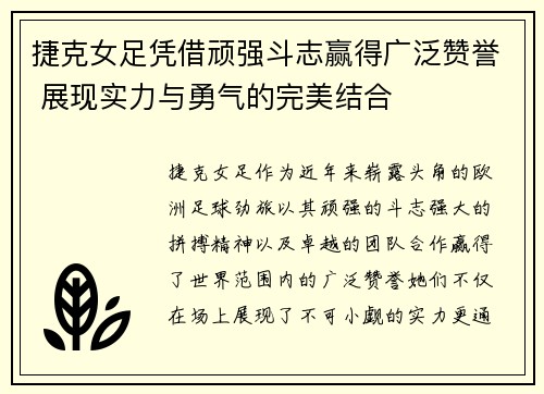 捷克女足凭借顽强斗志赢得广泛赞誉 展现实力与勇气的完美结合