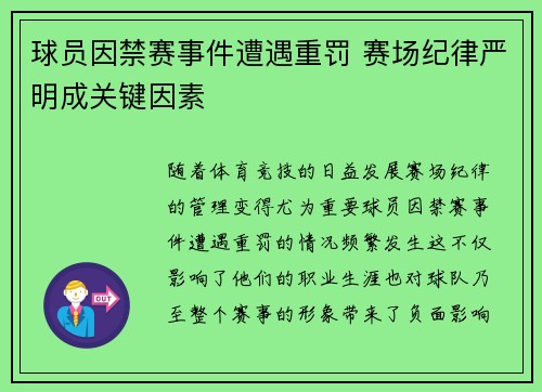 球员因禁赛事件遭遇重罚 赛场纪律严明成关键因素