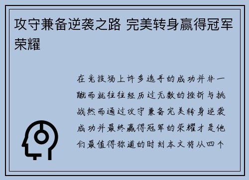 攻守兼备逆袭之路 完美转身赢得冠军荣耀