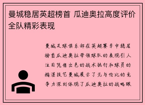 曼城稳居英超榜首 瓜迪奥拉高度评价全队精彩表现